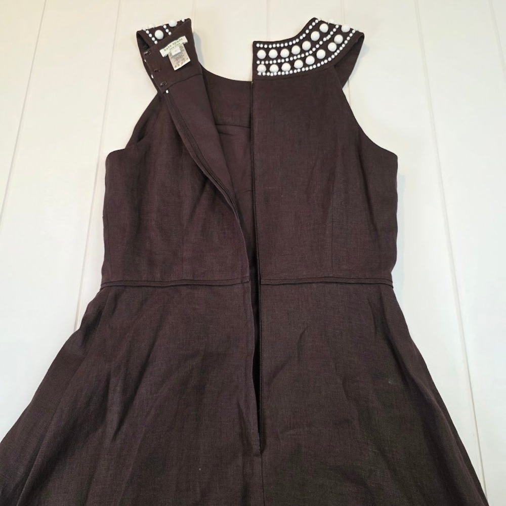 Kate‎ Spade Women's Sz 4 Fit & Flare Dress Brown 100% Linen Beaded Sleeveless - Picture 4 of 11